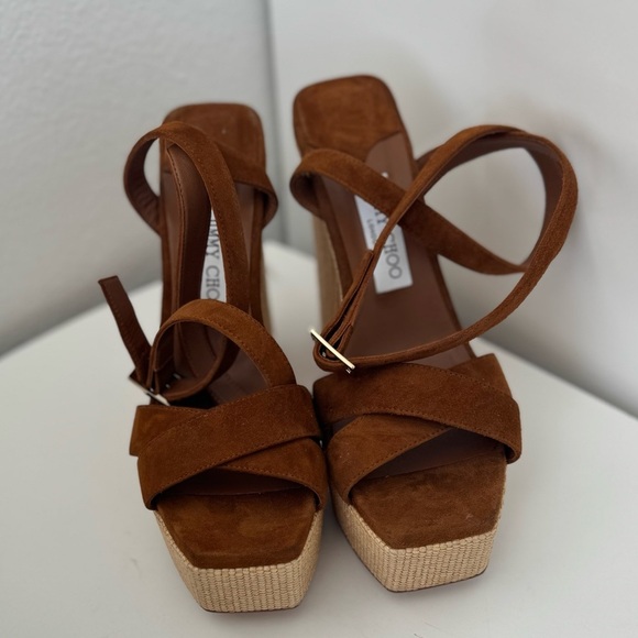 NWT JIMMY CHOO SUEDE GAIA PLATFORM SANDALS WITH RAFIA HEEL 14CM - Picture 2 of 6